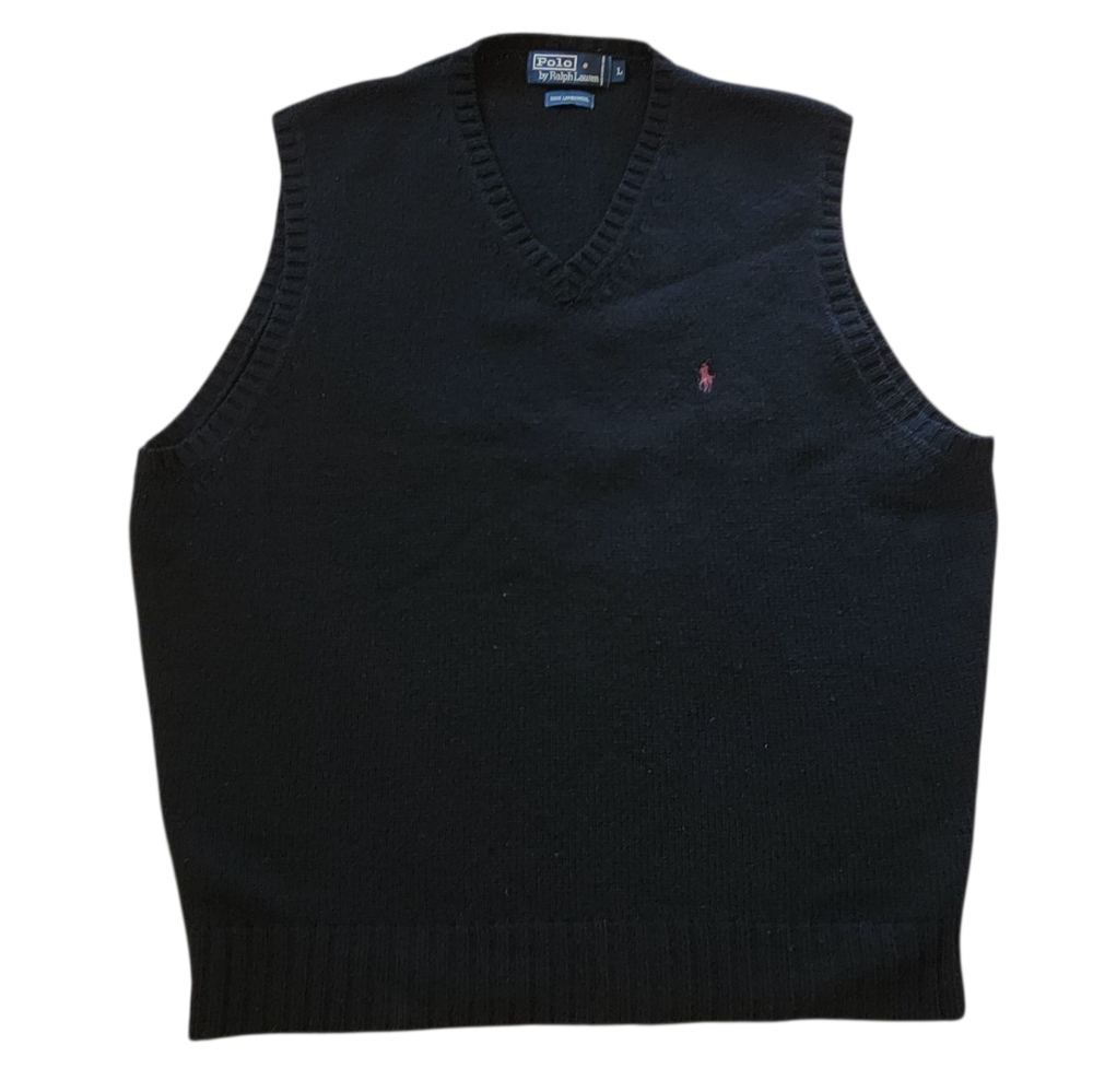 Vtg Polo by Ralph Lauren Lambswool Sweater Vest L Black Made in Hong Kong Preppy